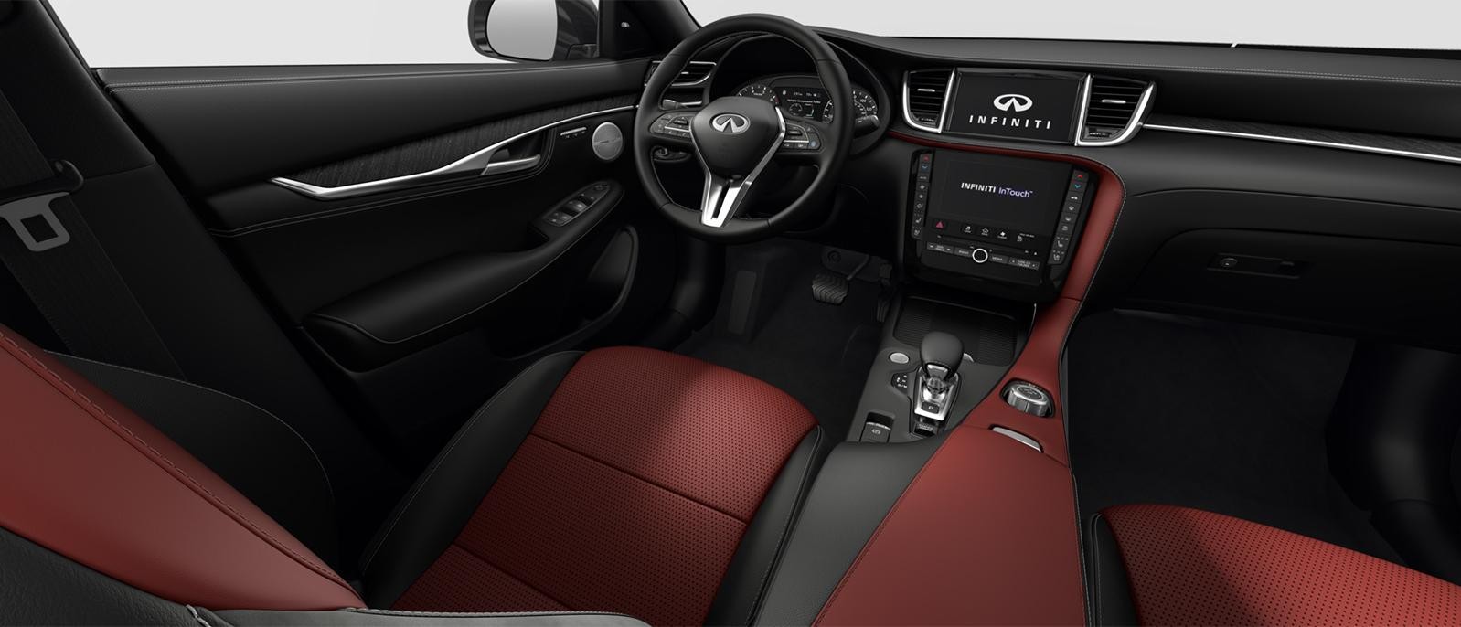 INFINITI QX55 Sensory trim interior in Monaco Red color scheme.