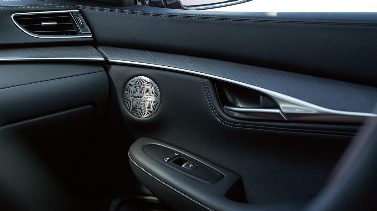 Close-up view of the interior door handle of an INFINITI QX55. Close-up view of the interior door handle of an INFINITI QX55.