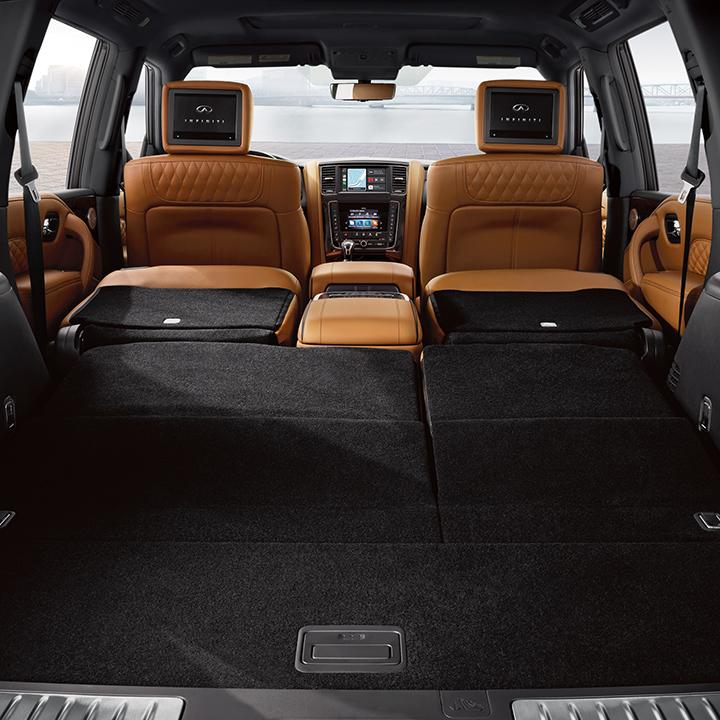 Interior view from the rear of an INFINITI QX80 with the seats folded down. Interior view from the rear of an INFINITI QX80 with the seats folded down.