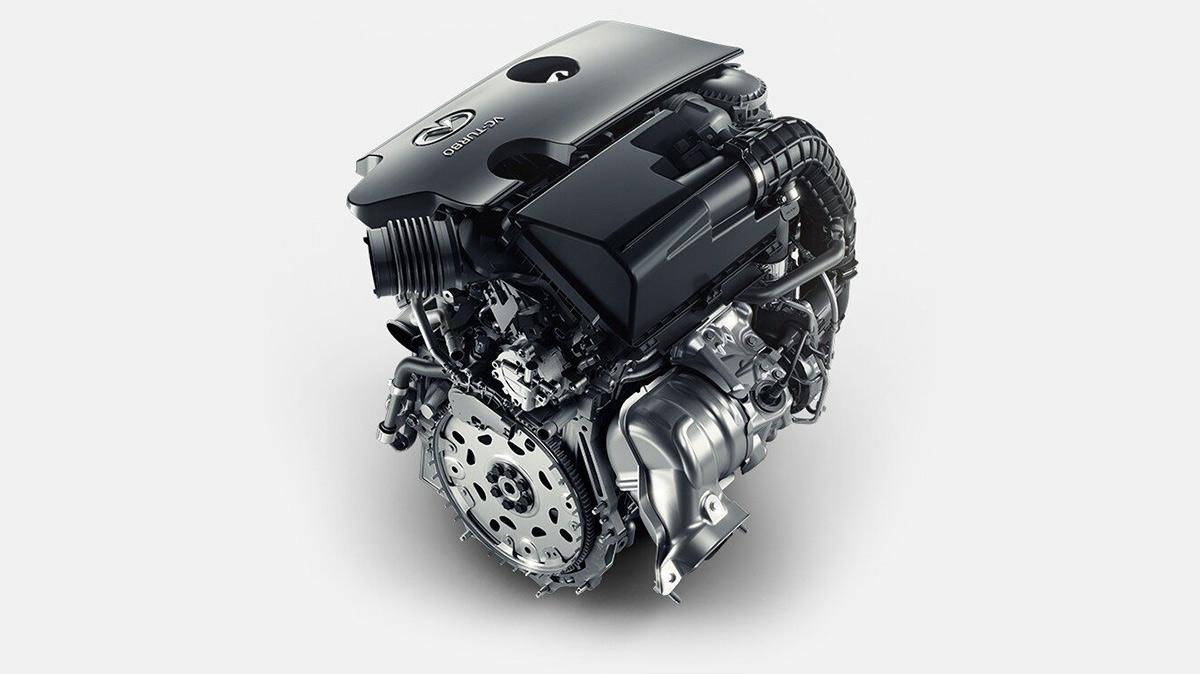 Studio image of an INFINITI QX50 variable compression turbo engine. Studio image of an INFINITI QX50 variable compression turbo engine.