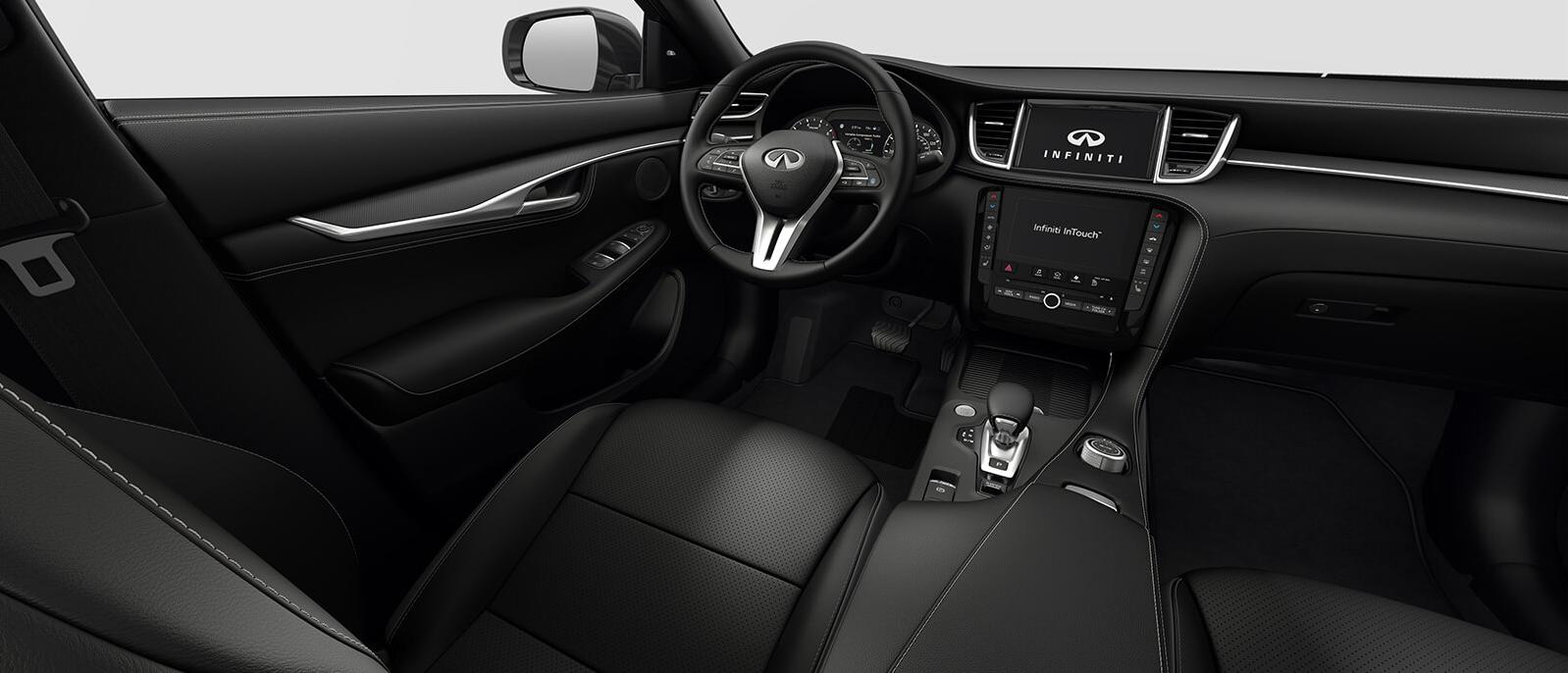 INFINITI QX55 Luxe trim interior in Graphite color scheme. INFINITI QX55 Luxe trim interior in Graphite color scheme.