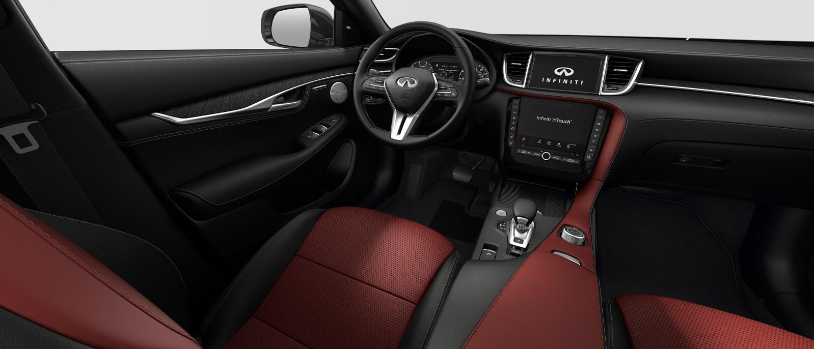 INFINITI QX55 Sensory trim interior in Monaco Red color scheme. INFINITI QX55 Sensory trim interior in Monaco Red color scheme.