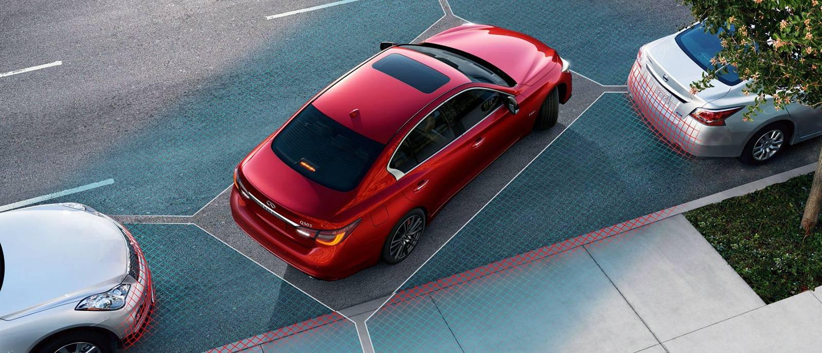 Illustration of an INFINITI Q50 Around View monitor with moving object detection. Illustration of an INFINITI Q50 Around View monitor with moving object detection.