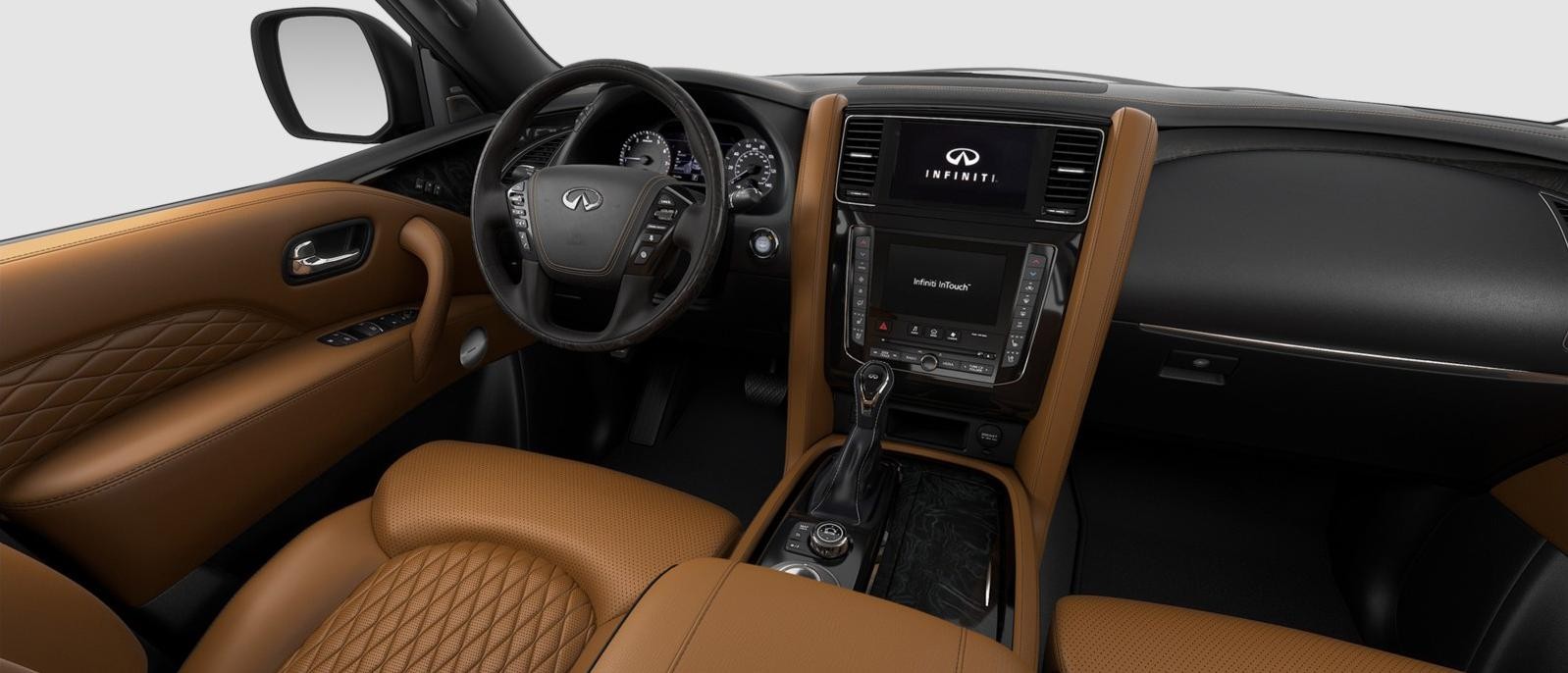 INFINITI QX80 Sensory trim interior in Saddle Brown color scheme.