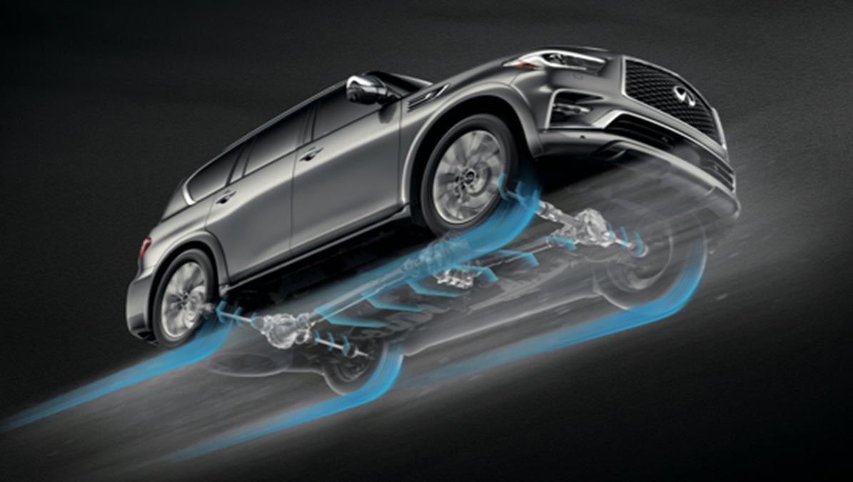 Undercarriage view illustration of an INFINITI QX80's drivetrain.