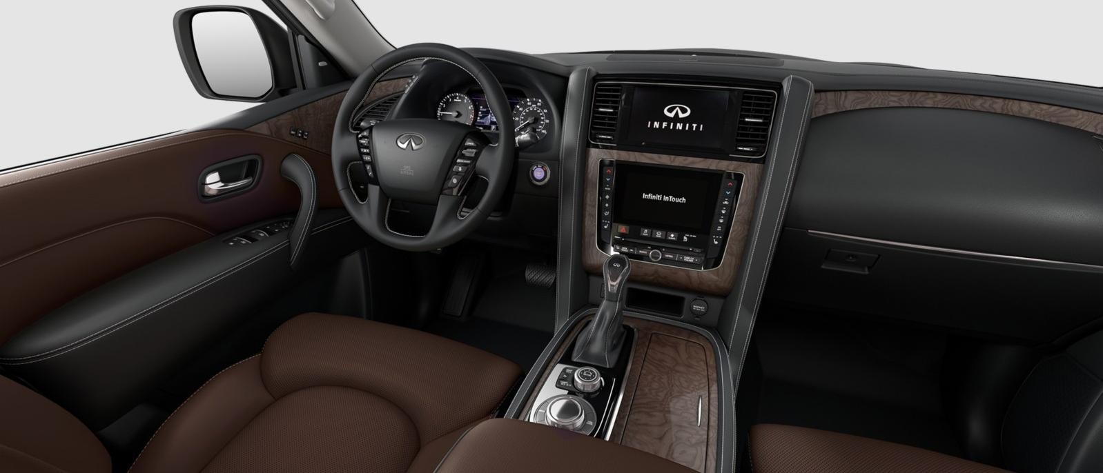 INFINITI QX80 Premium Select trim interior in Truffle Brown color scheme.