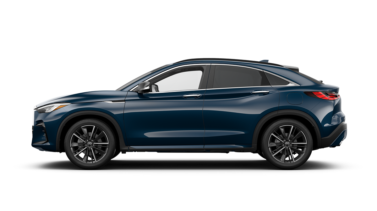 Profile view of a QX55 Essential trim in Hermosa Blue.