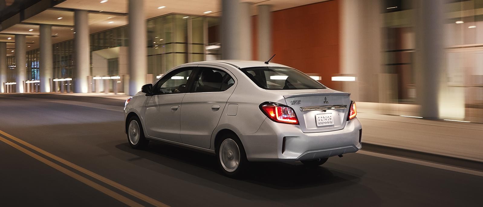 A 2021 Silver Mitsubishi Mirage G4 Cruising on the road