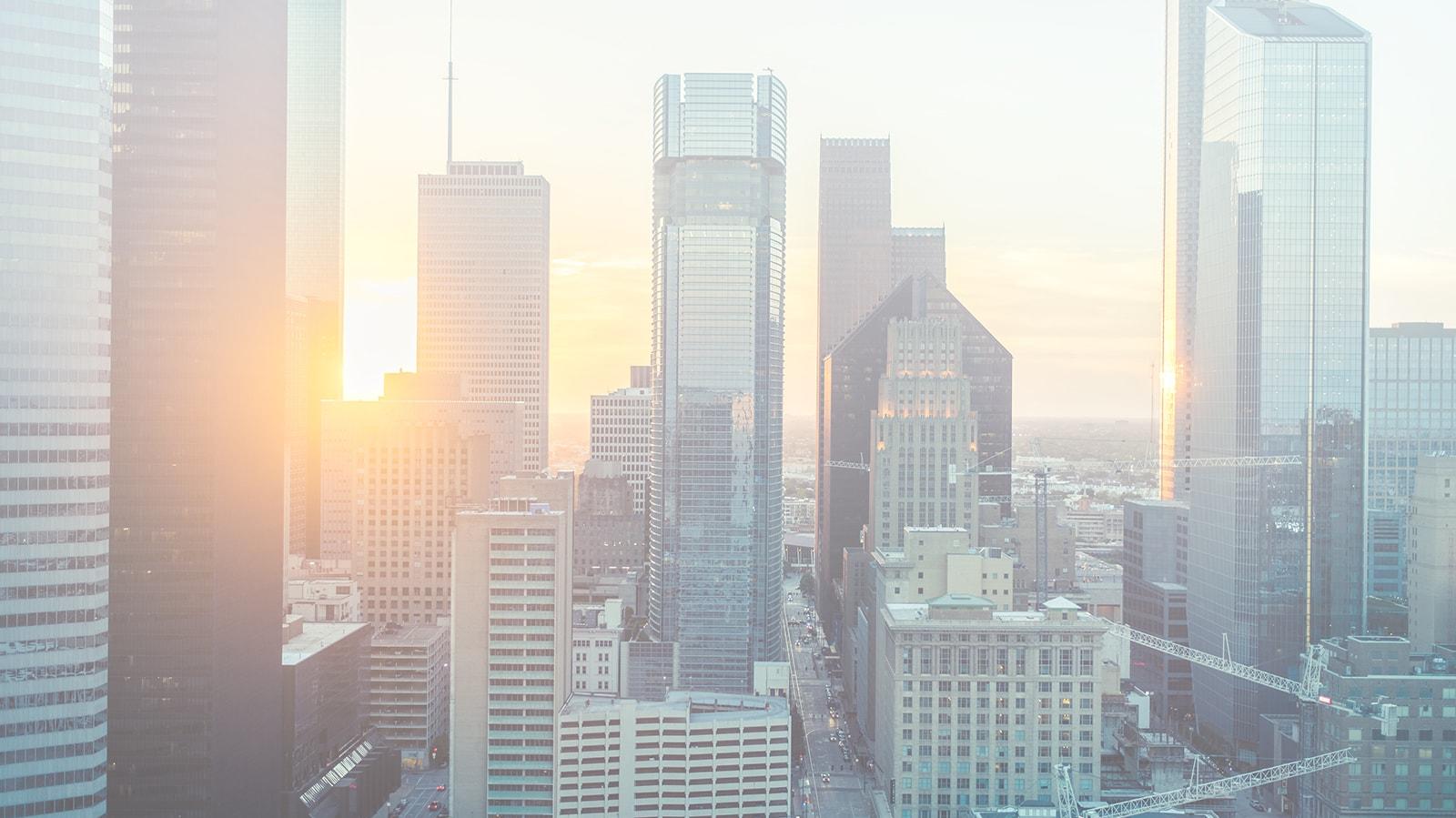 City skyline at sunset
