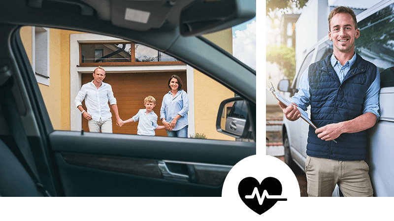 Family looking at a car outside their home and a vehicle delivery worker