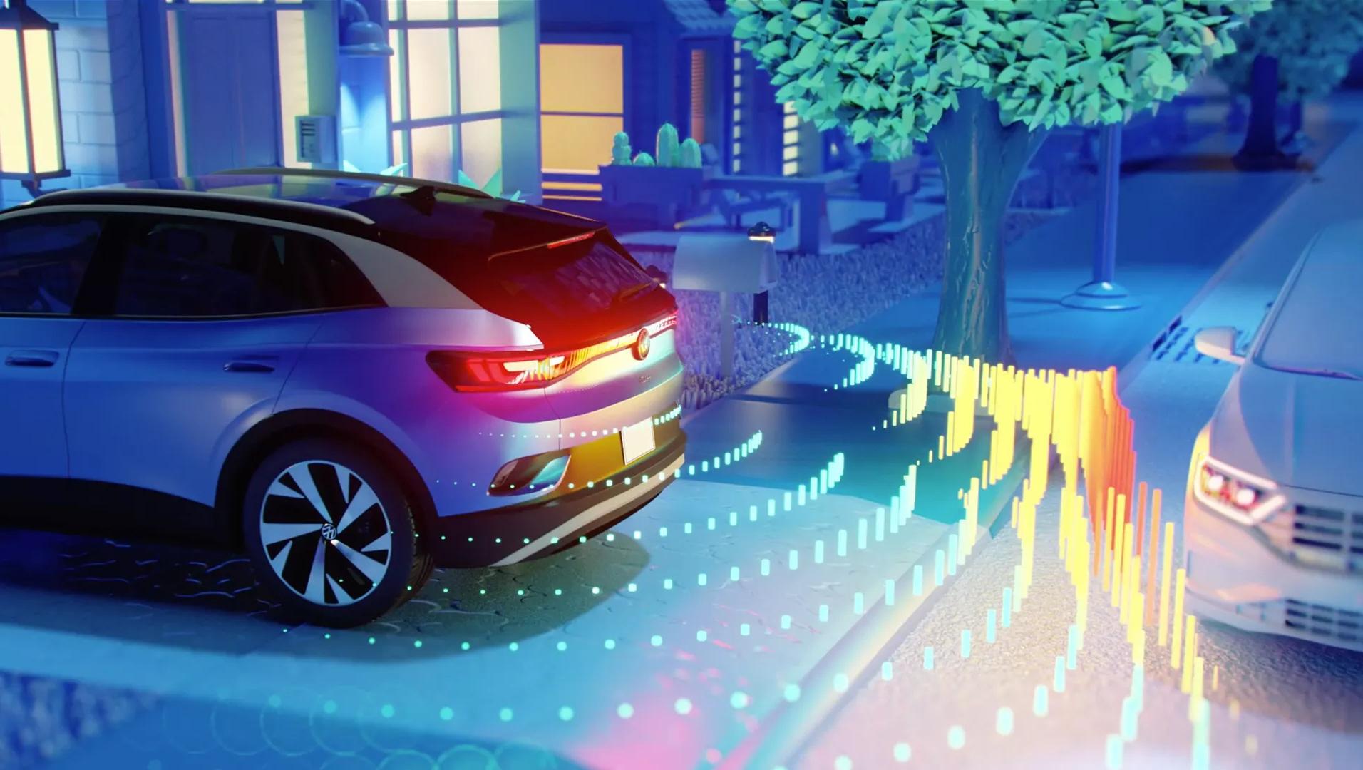 A Dusk Blue Metallic Volkswagen ID.4 backing down a driveway with visual elements to show sensors and cameras used to detect an oncoming vehicle.