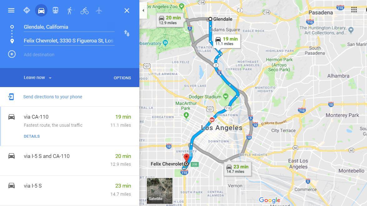 map glendale to felix chevrolet