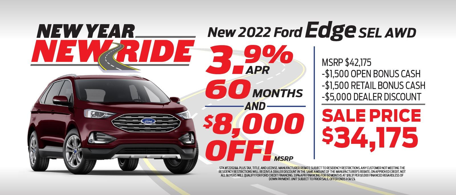 3,9% APR 60 MONTHS -AND $8,000 OFF! MSRP $42,175 -$1,500 OPEN BONUS CASH -$1,500 RETAIL BONUS CASH -$5,000 DEALER DISCOUNT SALE PRICE $34,175