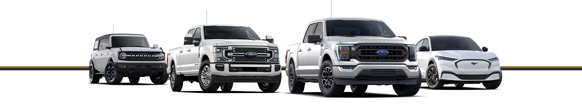 White ford linup - bronco, mustang mach-e, f-150, f-250 White ford linup - bronco, mustang mach-e, f-150, f-250