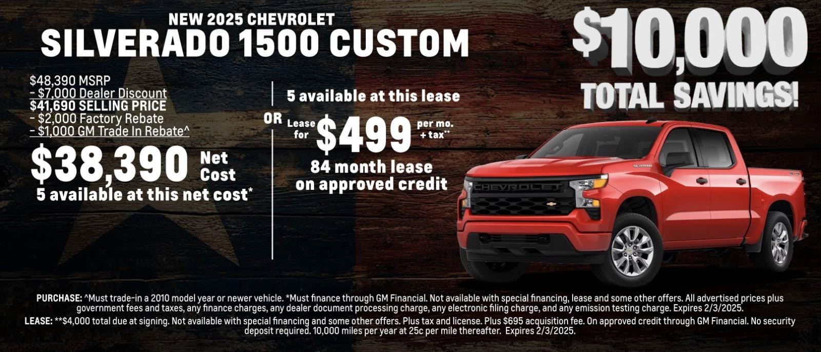 NEW 2025 CHEVROLET SILVERADO 1500 CUSTOM
$10,000 TOTAL SAVINGS!