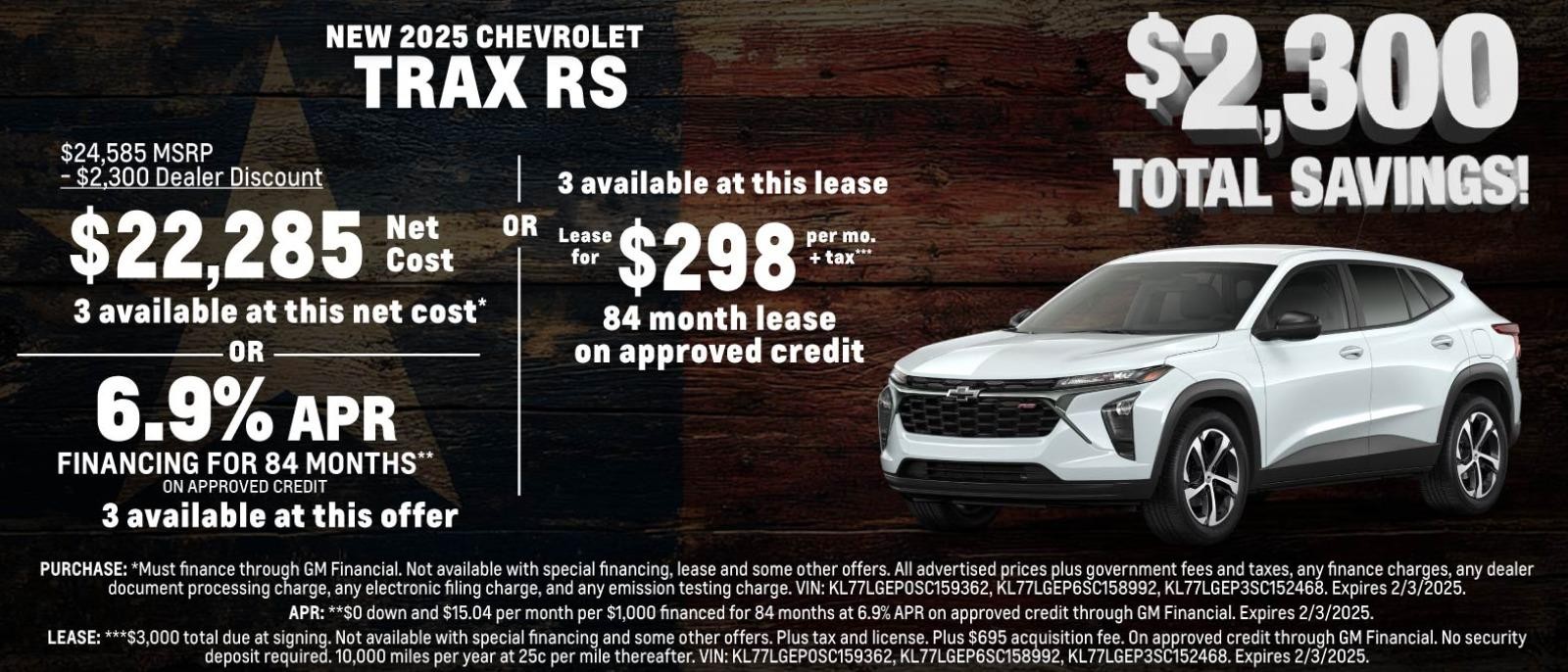 NEW 2025 CHEVROLET TRAX RS
$2,300 TOTAL SAVINGS!