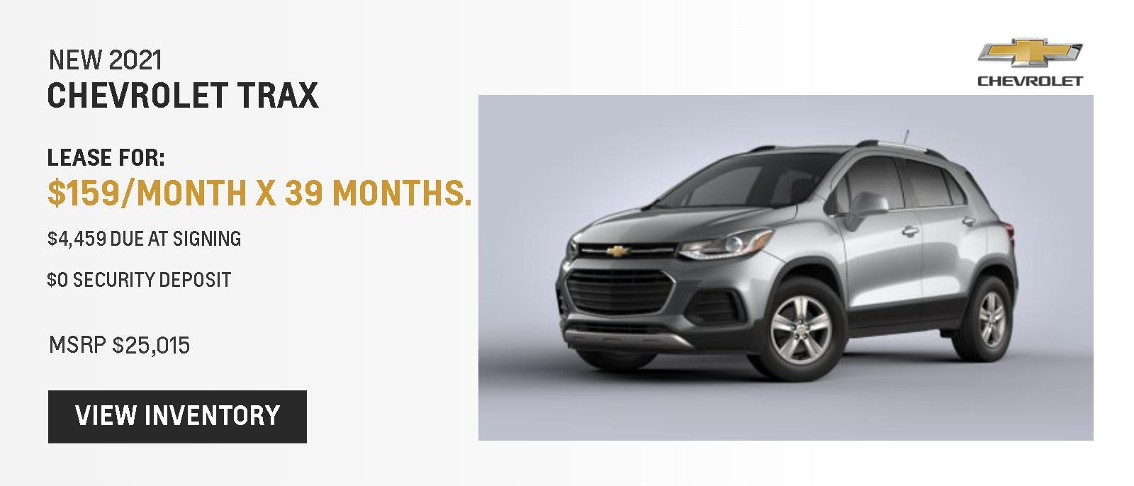 New 2021 CHEVROLET Trax
Lease for: $210/month X 39 months.
$2,500 due at signing
$0 security deposit
MRRP $25,015.