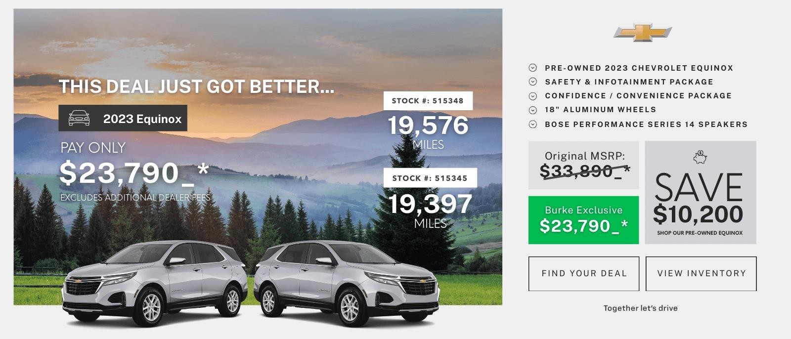 Shop Affordable Pre-Owned Inventory at Burke Chevrolet in Northampton with our silver 2023 Chevy Equinox LT, Save $10,200 by shopping our wide selection of pre-owned inventory. Serving nearby communities such as Amherst, Hadley, Granby, Greenfield, Easthampton, Southampton, Huntington, Florence, Orange, Belchertown, and more... Less Than 20k Miles, Affordable SUV options in Northampton, Massachusetts.