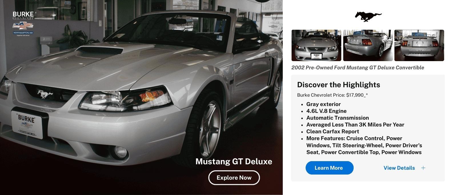 Experience a classic with this low-mileage 2002 Ford Mustang GT Deluxe Convertible at Burke Chevrolet – Drive it Home Today, Deals in Northampton, MA!