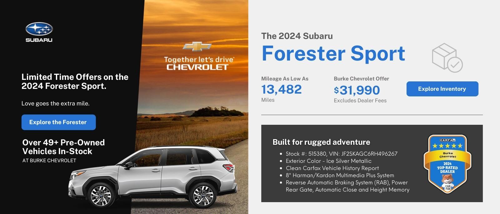 Looking for Used Cars With Low Mileage That's Affordable Near Northampton, Massachusetts? Explore Burke Chevrolet's Wide Selection of Used Cars--with Over 46+ Used Vehicles to Choose From in Northampton, MA! Just-In at Burke Chevrolet Has Used Low Mileage 2024 Subaru Forester Sport AWD Ice Silver Metallic SUV On Our Lot!