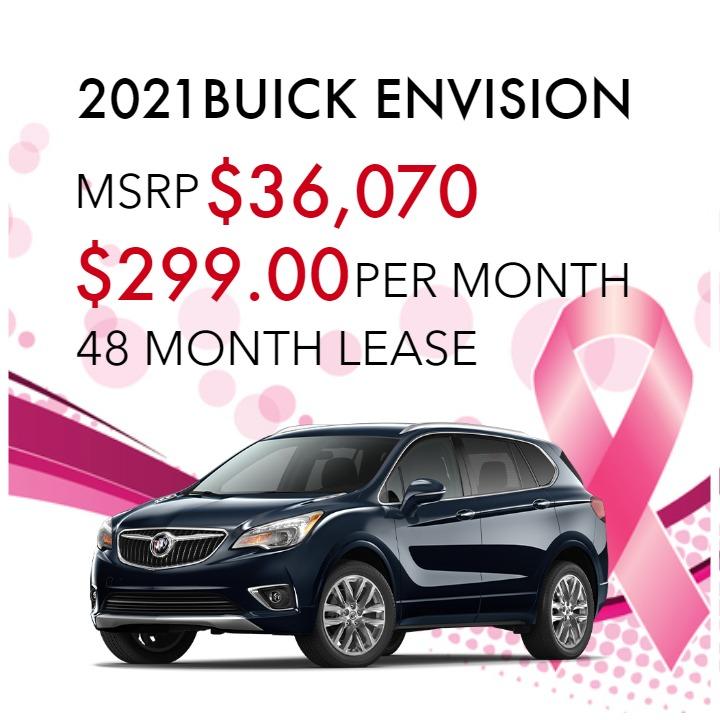 2021 BUICK ENVISION
STOCK# MD073995
MSRP $36,070
$299.00 PER MONTH
48 MONTH LEASE
Pricing may vary based on stock number. See dealer for details.