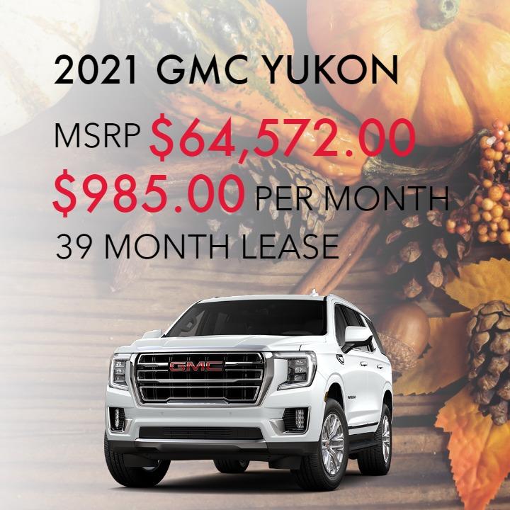 2021 GMC Yukon
Stock Number Mg145211
MSRP $66,940
$985 per month
39 Month Lease
Pricing may vary based on stock number. See dealer for details.
