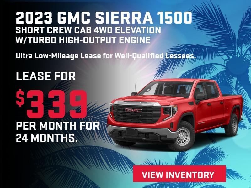 2023 GMC SIERRA 1500 SHORT CREW CAB 4WD ELEVATION W/TURBO HIGH-OUTPUT ENGINE
Ultra Low-Mileage Lease for Well-Qualified Lessees.
$339/MONTH for 24 months.