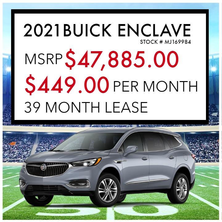 2021 BUICK ENCLAVE
STOCK # MJ169984
MSRP $47,885.00
$449.00 PER MONTH
39 MONTH LEASE