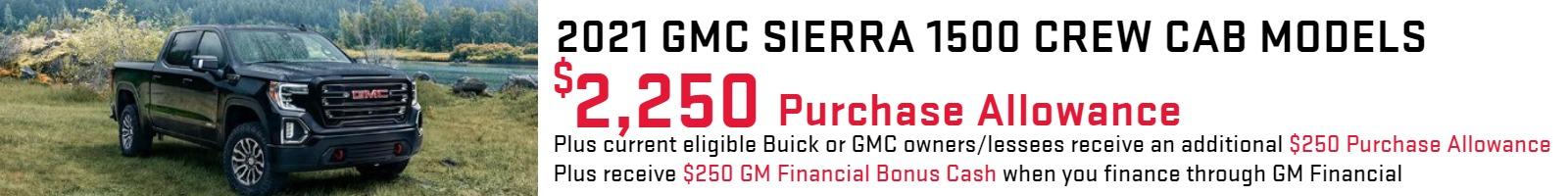 $2,250 Purchase Allowance plus, current eligible Buick or GMC owners/lessees receive an additional $250 Purchase Allowance
Plus receive $250 GM Financial Bonus Cash when you finance through GM Financial