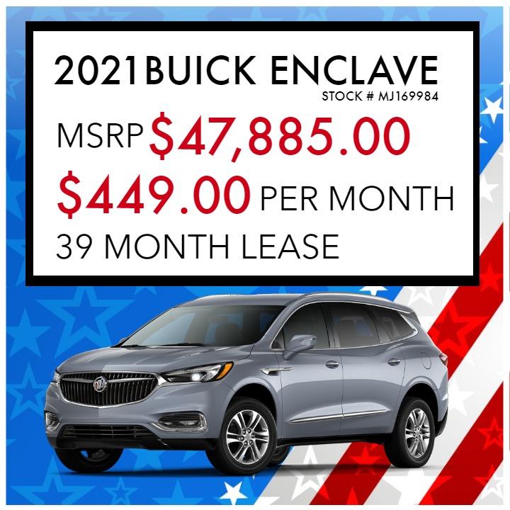 2021 BUICK ENCLAVE
STOCK # MJ169984
MSRP $47,885.00
$449.00 PER MONTH
39 MONTH LEASE