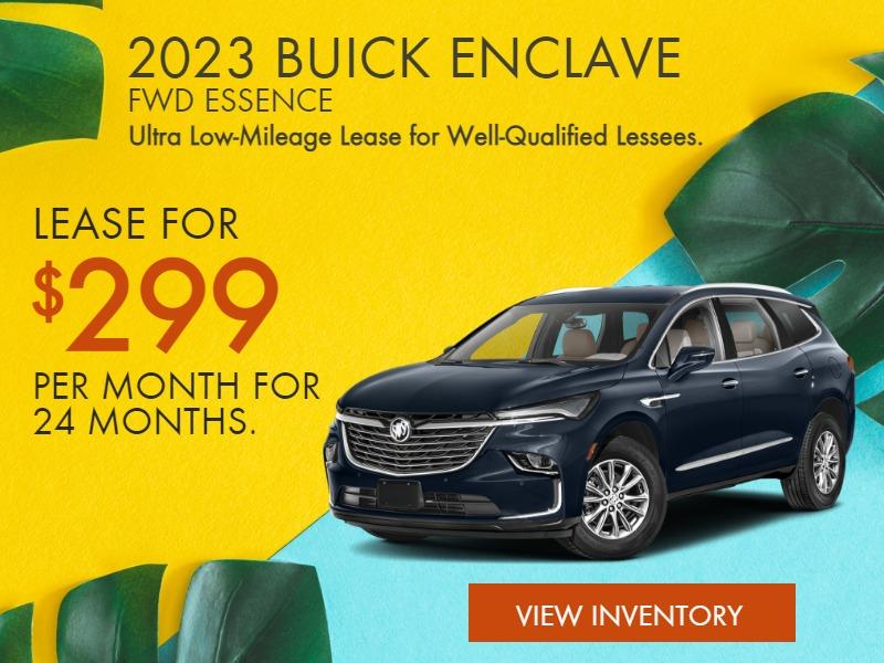 2023 BUICK ENCLAVE FWD ESSENCE
Ultra Low-Mileage Lease for Well-Qualified Lessees.
$299/month for 24 months.