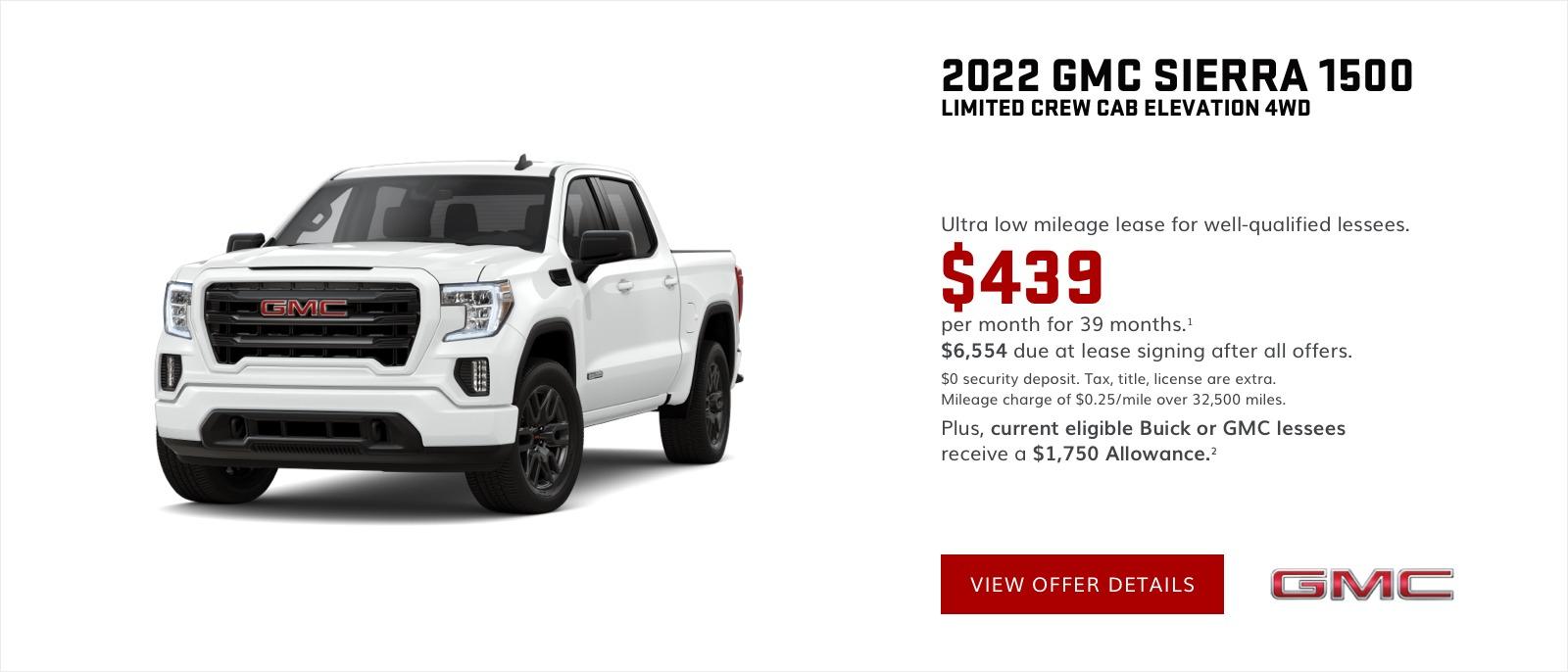 Ultra low mileage lease for well-qualified lessees.
$439 per month for 39 months.
$6,554 due at lease signing after all offers.
$0 security deposit. Tax, title, license are extra. Mileage charge of $0.25/mile over 32,500 miles.
Plus, current eligible Buick or GMC lessees receive a $1,750 allowance.