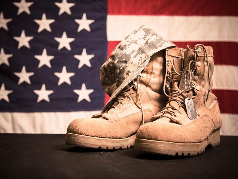 USA Military boots, hat and dog tags with flag