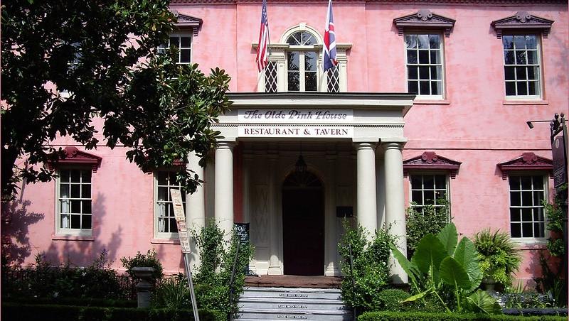 Front view of The Olde Pink House restaurant in downtown Savannah, GA