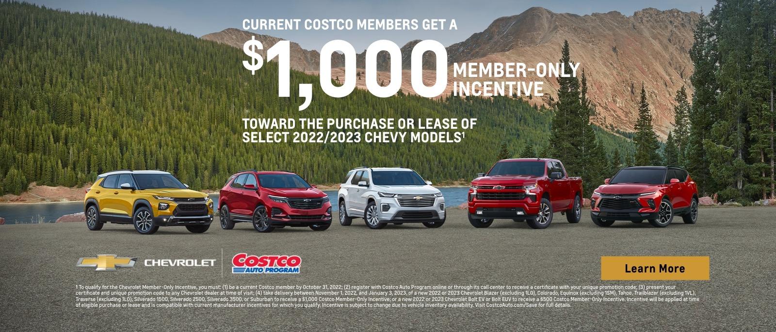 Current Costco members get a $1,000 member-only incentive toward the purchase or lease of select 2022/2023 Chevy models.
