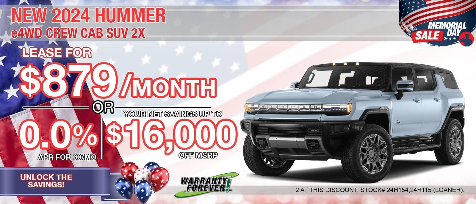 2024 GMC Hummer EV SUV 2x. Save up to $16,000 off MSRP. Lease for only $879/mo. BIG SAVINGS on All 2024 In-stock Hummer EV's.