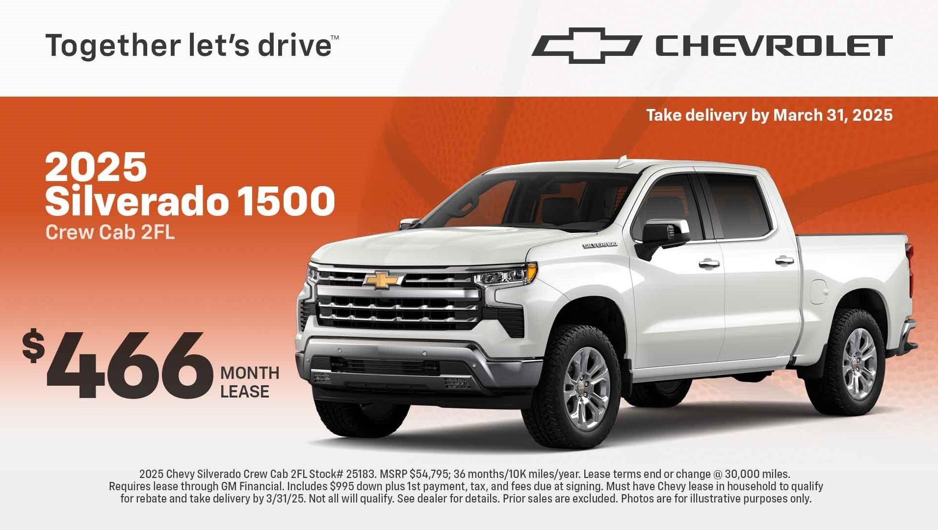 2025 Chevy Silverado 1500 Crew Cab 2FL as low as $466/month lease