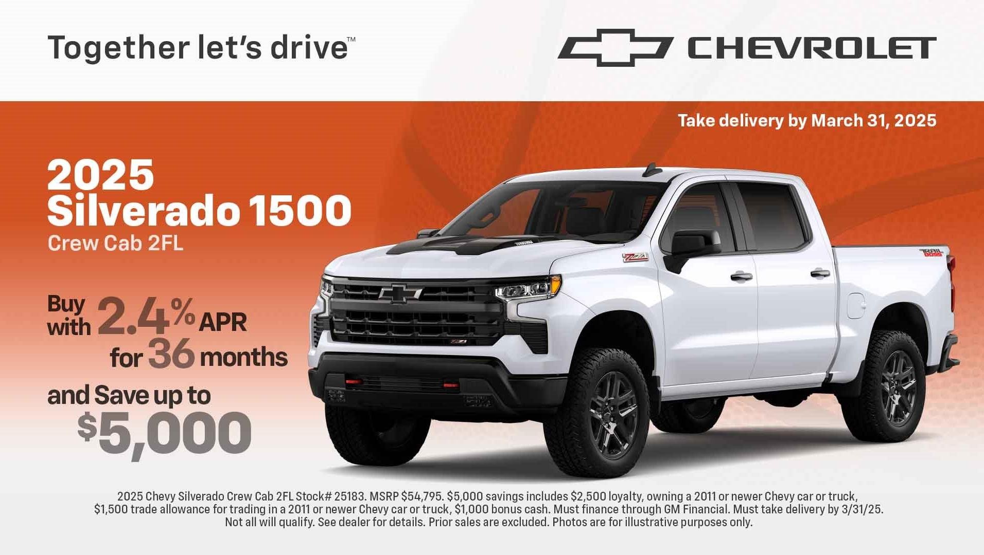 Save up to $5,000 when you buy a 2025 Chevy Silverado 1500 Crew Cab 2FL! 