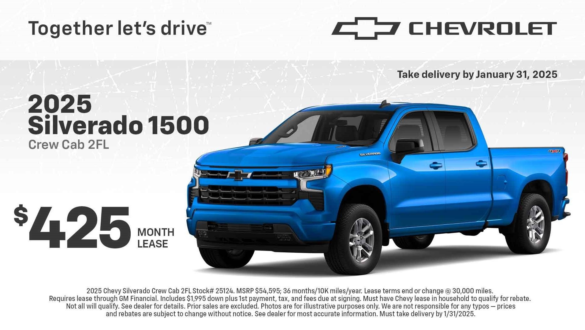 2025 Chevy Silverado Crew Cab 2FL as low as $425/month lease