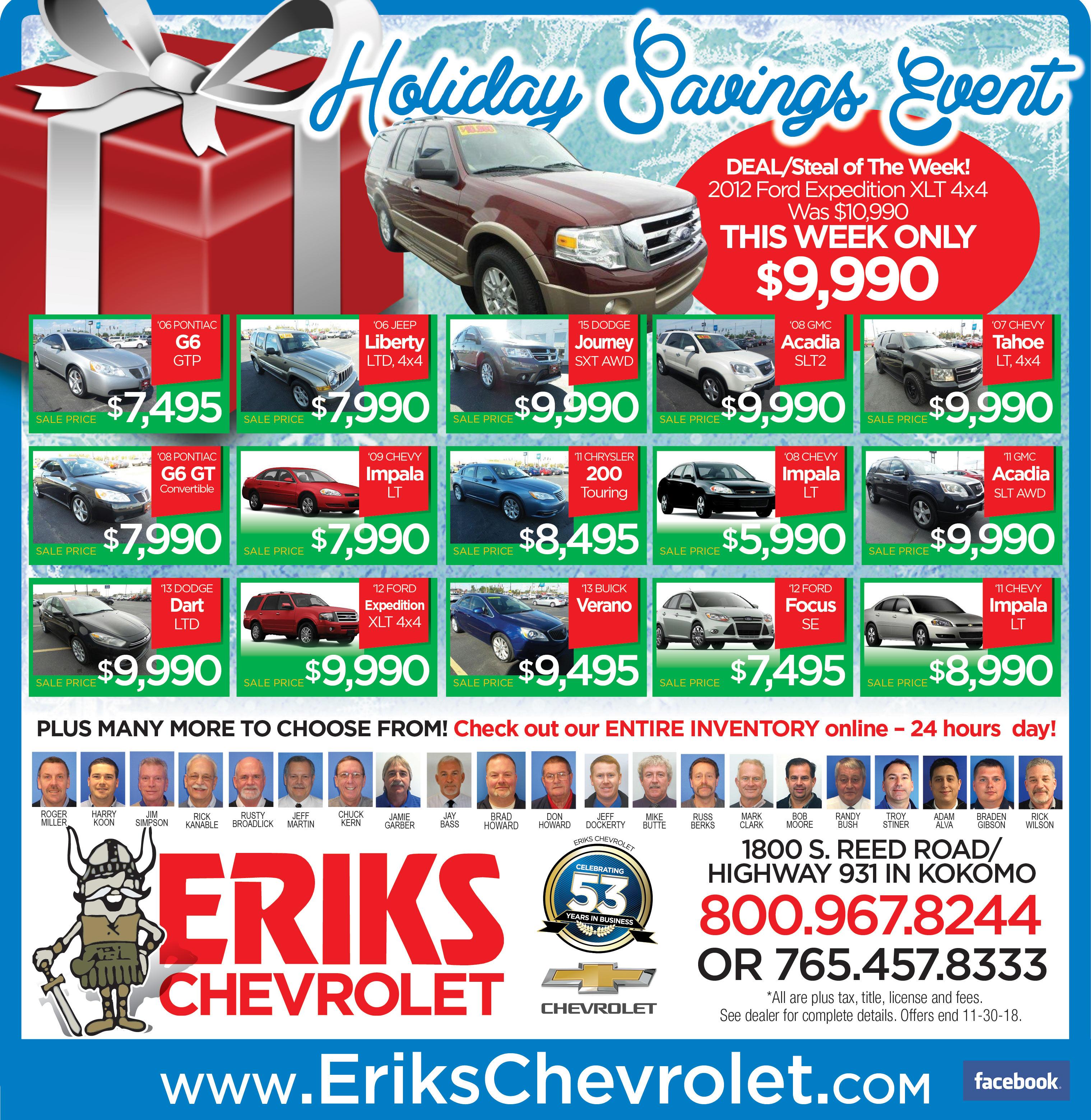 Eriks Chevrolet is a KOKOMO Chevrolet dealer and a new car and used car