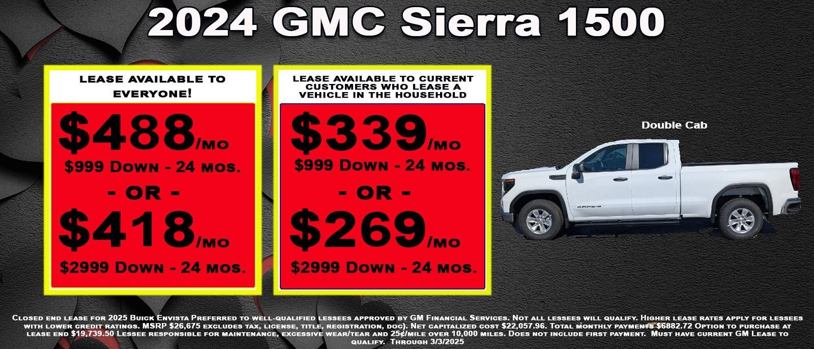 Lease your new GMC Sierra as low as 269 per month for 24 months with $2999 down