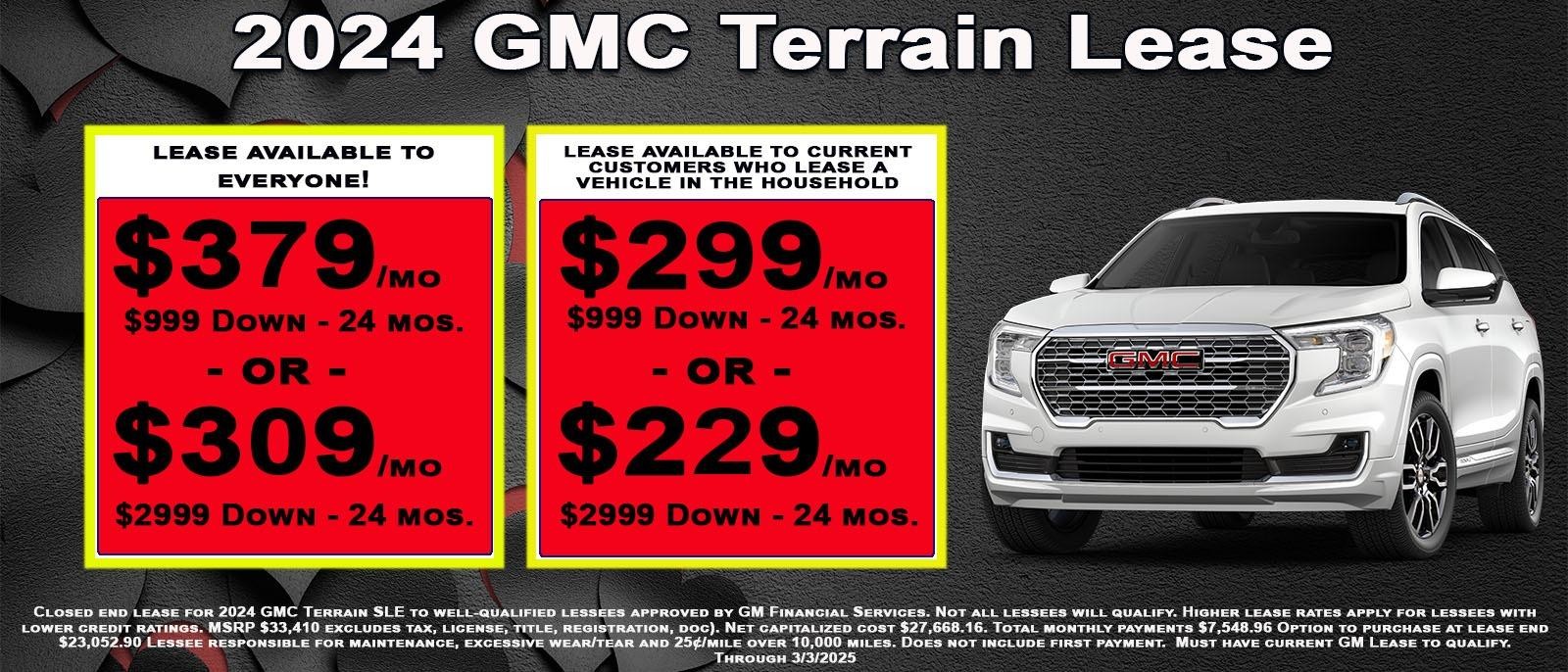 Lease your new GMC Terrain as low as $309 for 24 months with $2999 down