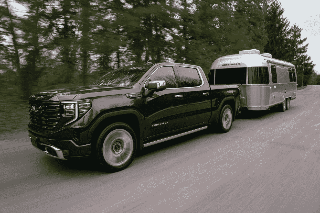 A 2024 GMC Sierra 1500 shows off its ability to tow as a full-size truck.