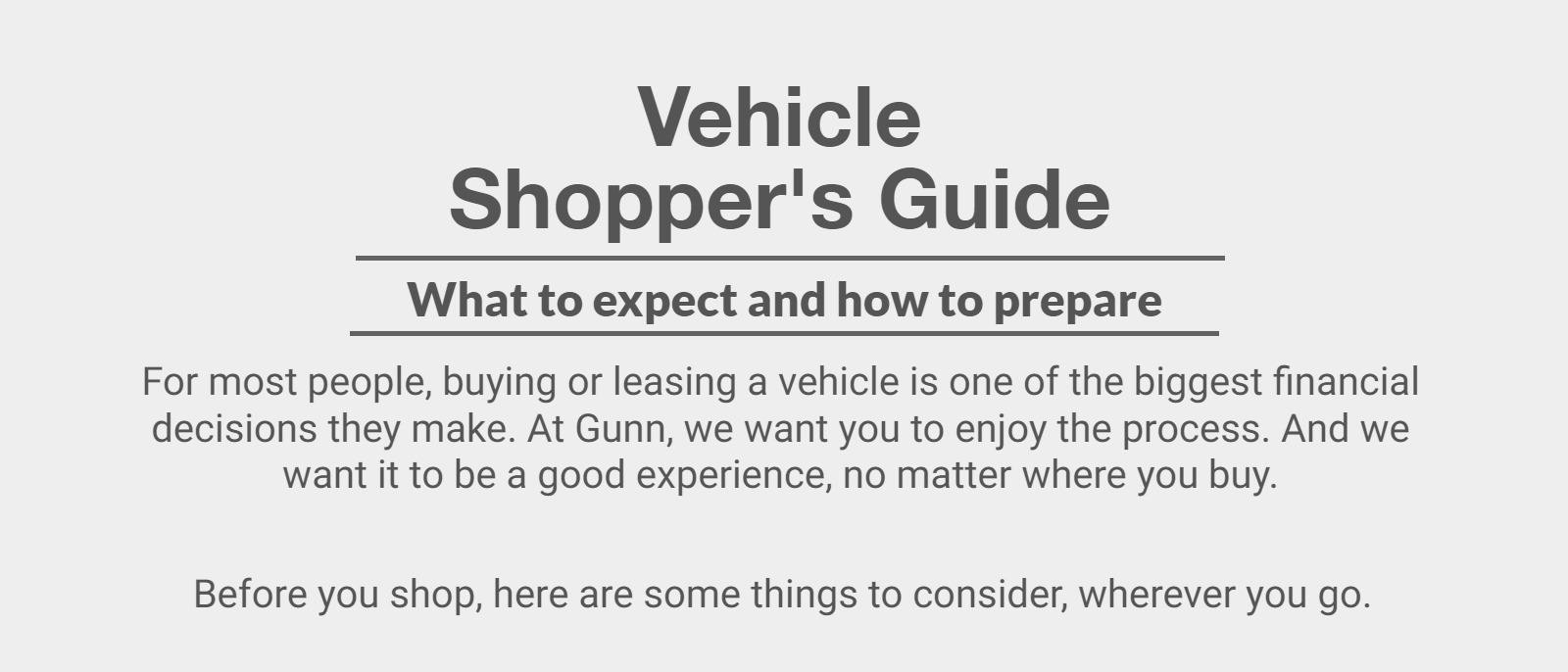 Vehicle
Shopper's Guide
What to expect and how to prepare
For most people, buying or leasing a vehicle is one of the biggest financial decisions they make. At Gunn, we want you to enjoy the process. And we want it to be a good experience, no matter where you buy.
Before you shop, here are some things to consider, wherever you go.