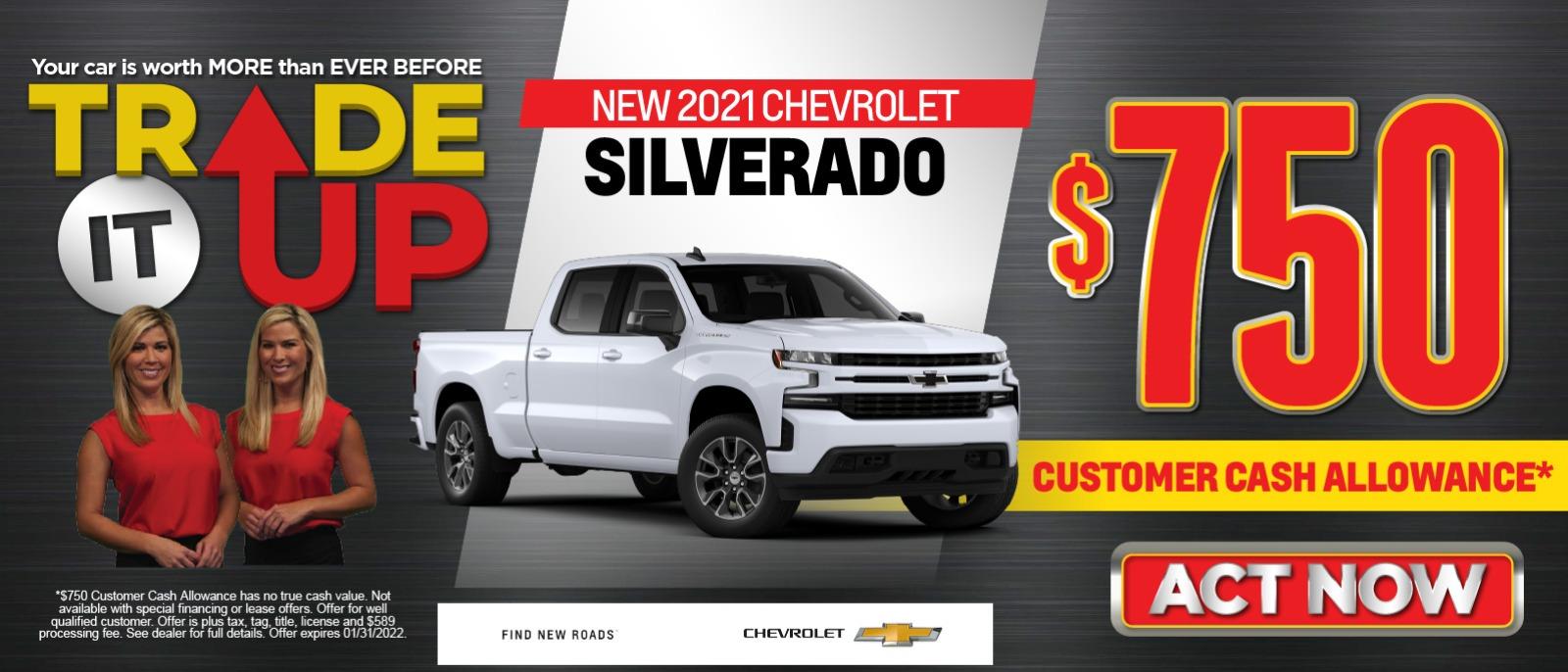 New 2021 Chevrolet Silverado
$750 Customer Cash Allowance