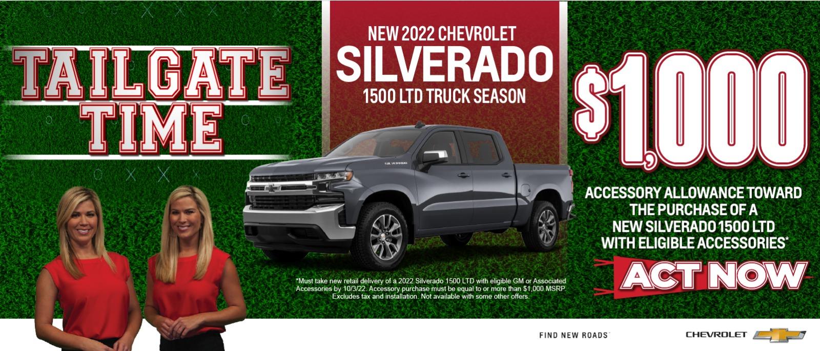 New 2022 Silverado 1500 LTD Truck Season $1,000 Accessory Allowance toward the purchase of a new Silverado 1500 LTD with eligible accessories Shop now.