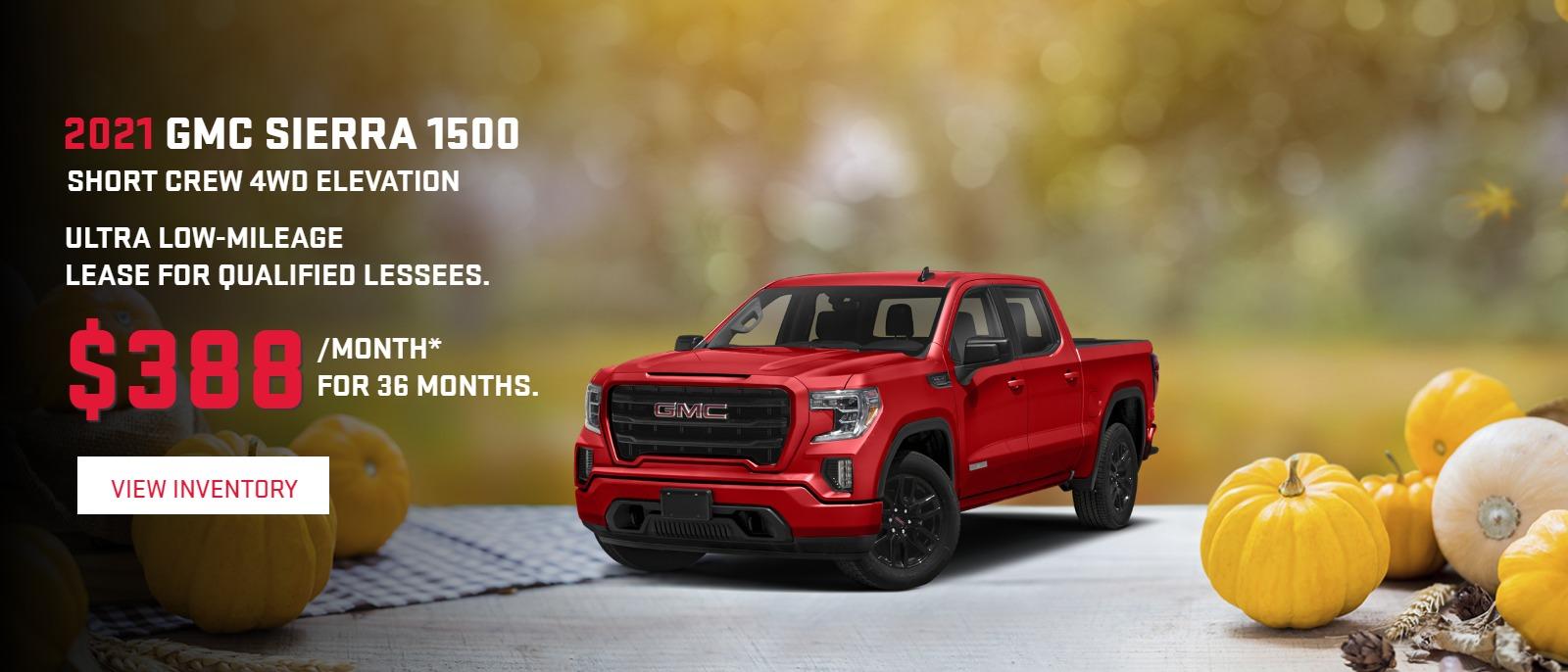 2021 GMC SIERRA 1500 SHORT CREW 4WD ELEVATION
Ultra Low-Mileage Lease for Qualified Lessees.
$388/month* for 36 months.