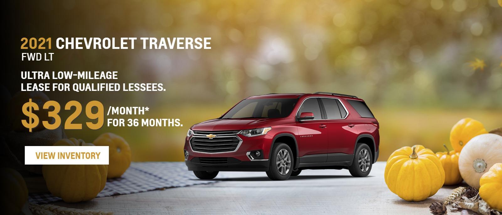 2021 CHEVROLET Traverse FWD LT
Ultra Low-Mileage Lease for Qualified Lessees.
$329/month* for 36 months.