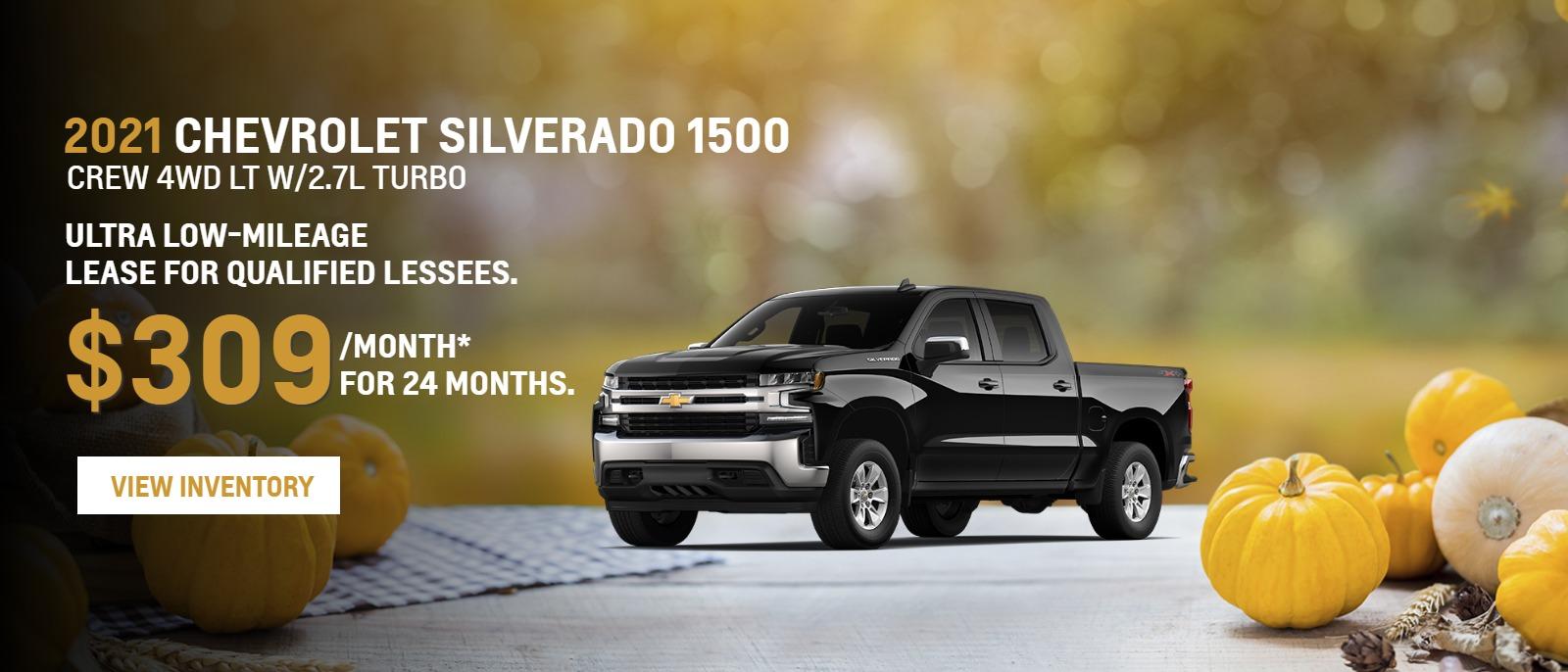 2021 CHEVROLET Silverado 1500 Crew 4WD LT w/2.7L Turbo
Ultra Low-Mileage Lease for Qualified Lessees.
$309/month* for 24 months.