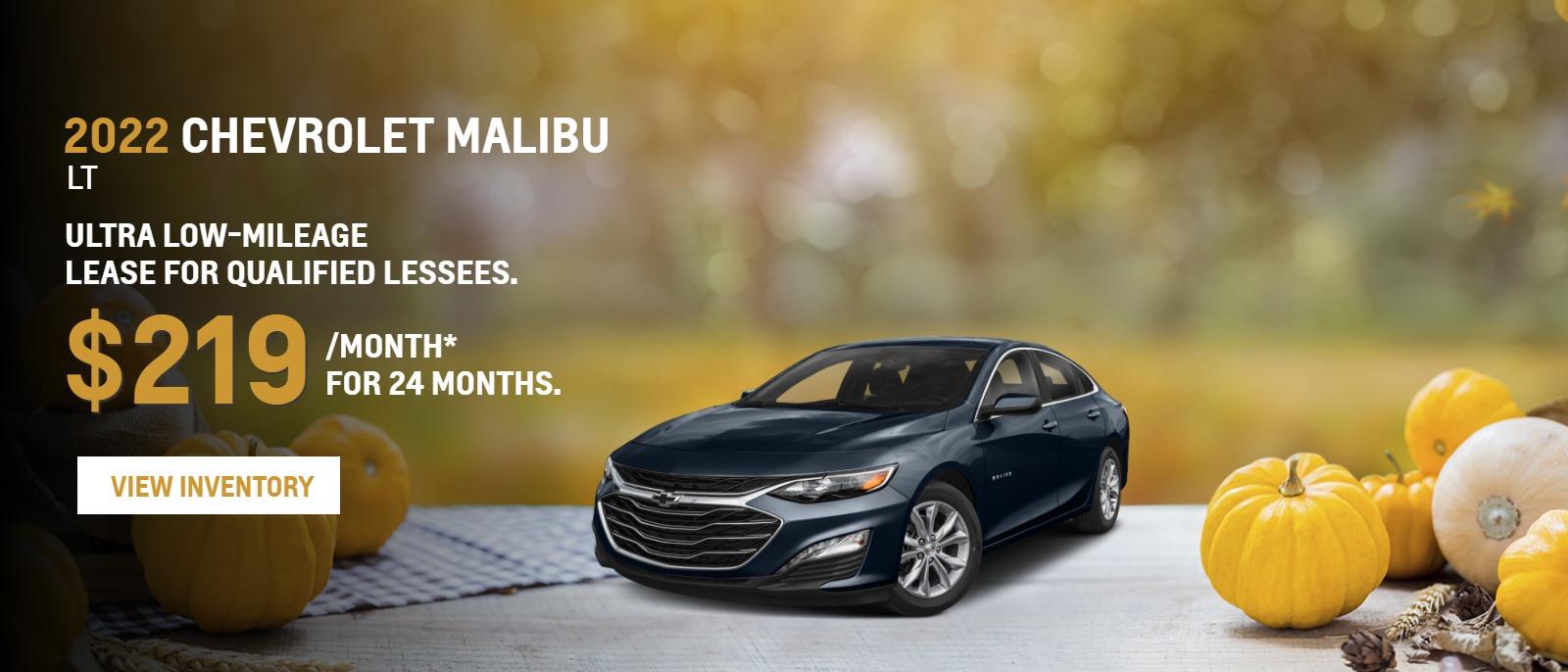 2022 CHEVROLET Malibu LT
Ultra Low-Mileage Lease for Qualified Lessees.
$219/month* for 24 months.